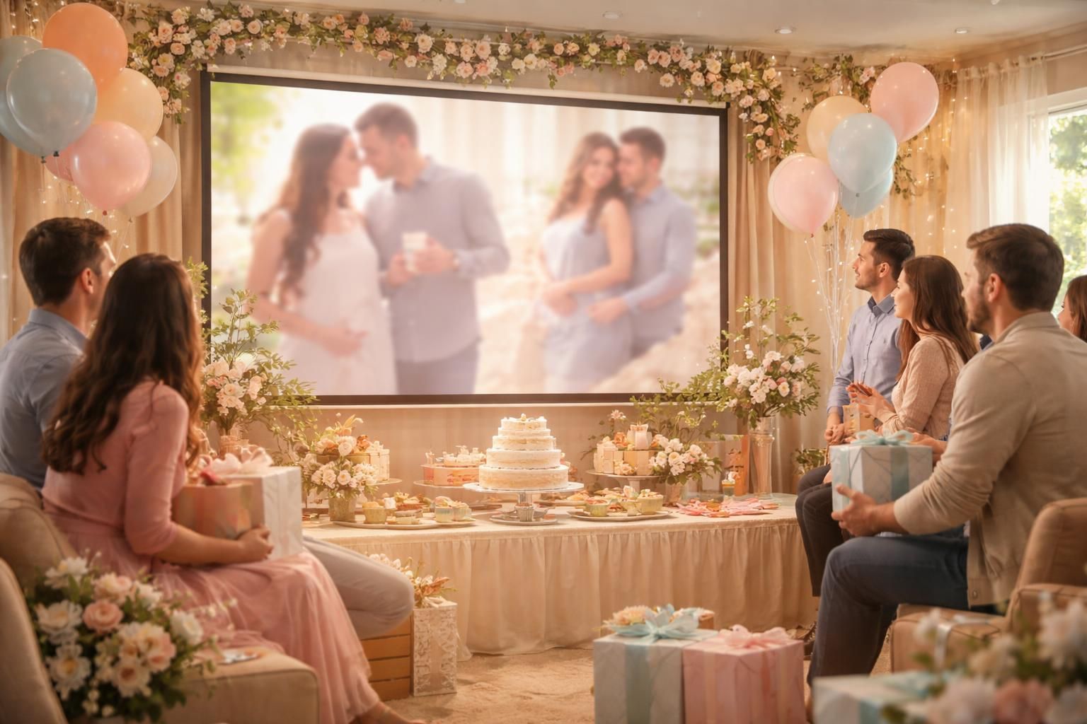 Baby shower de votre bébé : diaporama de souvenirs sur écran de projection