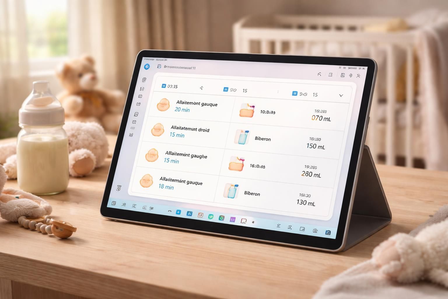suivez facilement les tétées et les biberons de votre bébé grâce à notre tableau de suivi optimisé pour tablette sous windows 11. pratique et intuitif pour faciliter la vie des parents.
