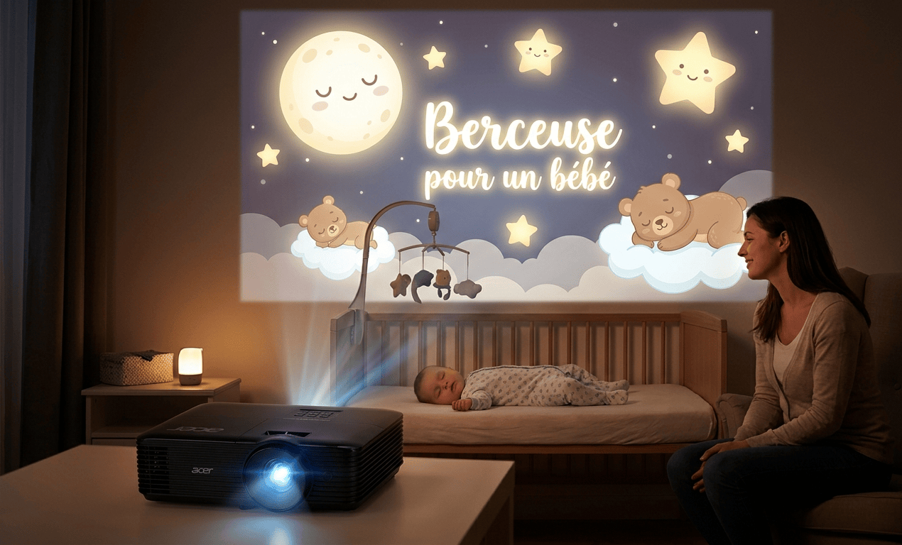 Berceuses pour un bébé : ambiance au mur avec vidéoprojecteur Acer
