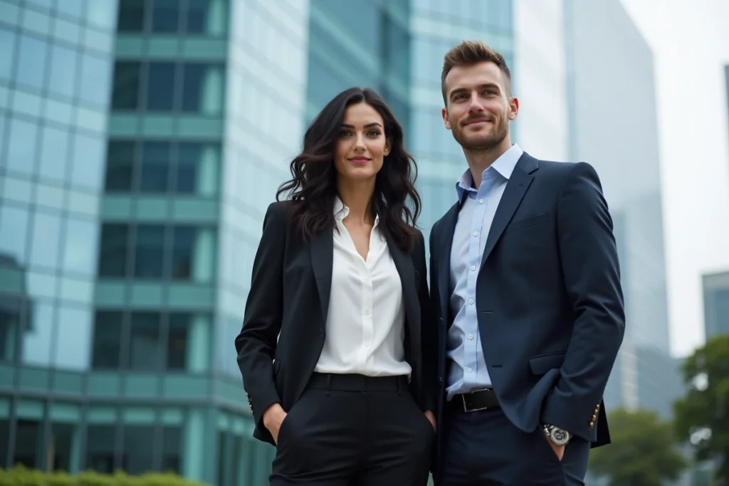 Couple professionnel devant un immeuble de bureaux moderne, évoquant la carrière et la vie de couple d'Amandine Atalaya et son époux