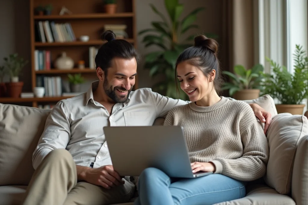 Couple dans un appartement parisien regardant un ordinateur portable ensemble, illustrant la vie quotidienne et privée d'Amandine Atalaya avec son mari