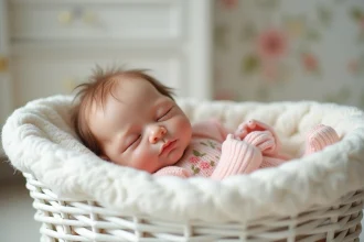 Bébé reborn fille très réaliste allongée dans un berceau en osier blanc avec une tenue rose pâle tricotée
