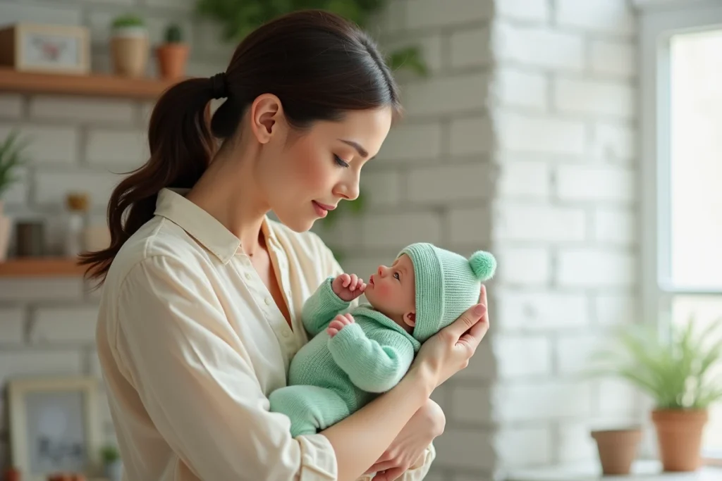 Collectionneuse tenant dans ses bras une poupée reborn fille réaliste habillée en vert menthe dans un studio épuré