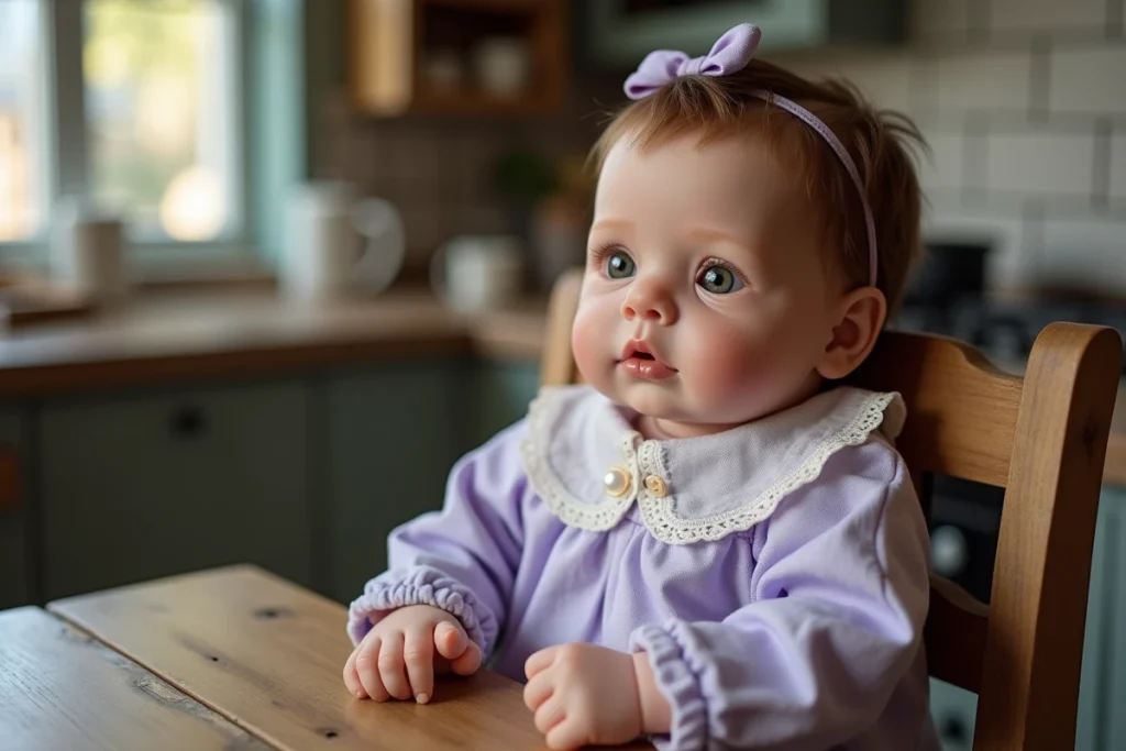 Poupée reborn fille aux yeux réalistes assise dans une chaise haute en bois vintage avec une robe en lin lavande