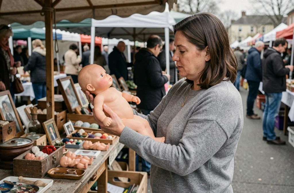 Femme examinant un bébé reborn en silicone d'occasion sur un marché aux puces, inspection des détails de la poupée réaliste