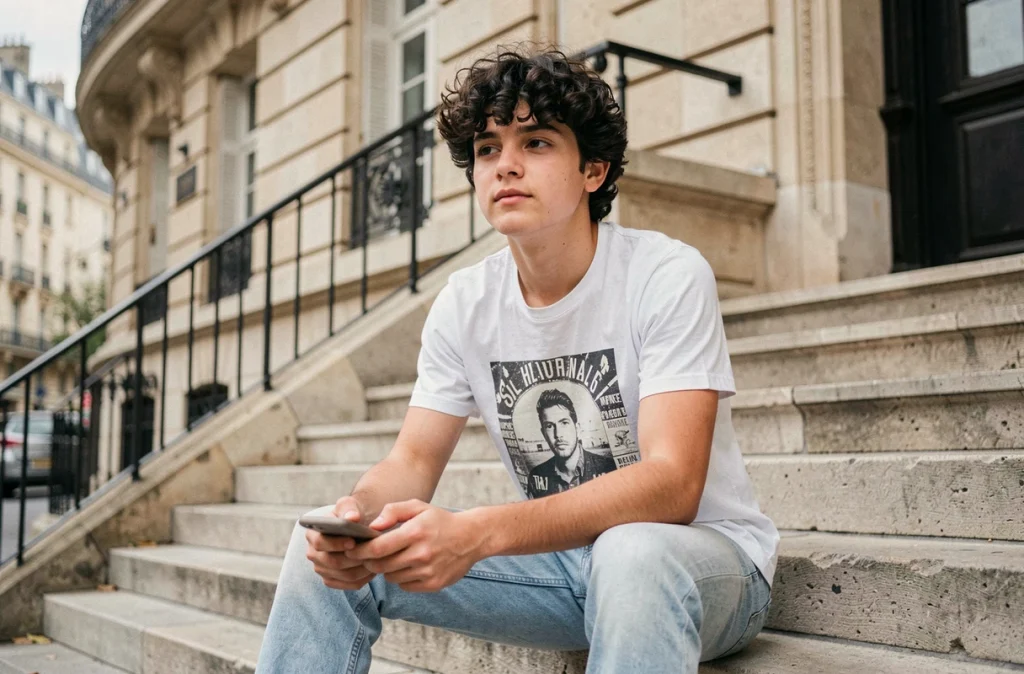 Adolescent aux cheveux bouclés assis sur les marches d'un immeuble haussmannien parisien, tenant un smartphone, regard pensif et atmosphère urbaine authentique