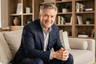 Portrait d'un animateur télévision français d'une cinquantaine d'années en blazer marine, assis dans un salon moderne avec une expression chaleureuse et détendue