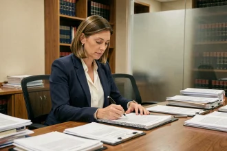 Avocate préparant une argumentation juridique pour un refus de visite médiatisée au tribunal