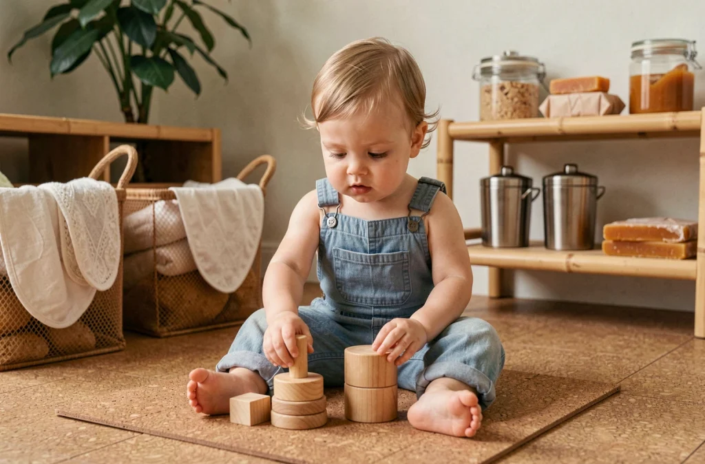 Bébé jouant avec des jouets en bois dans une crèche écologique équipée de matériaux durables et naturels
