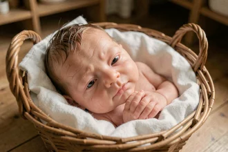 Bébé reborn en silicone posé dans un panier en osier avec tissu blanc, détails réalistes de peau et cheveux enracinés