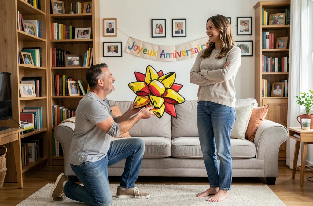 Mari offrant un cadeau humoristique à sa femme amusée pour leur anniversaire de mariage à la maison