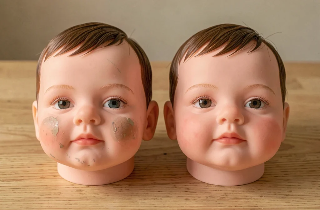 Comparaison de deux bébés reborn en silicone d'occasion côte à côte, l'un usagé et l'autre en bon état, sur une table en bois
