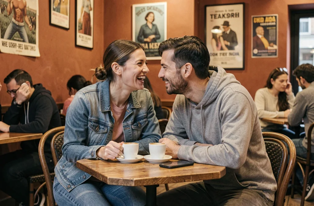 Couple complice attablé dans un café parisien chaleureux, moment de complicité et de rire partagé au quotidien