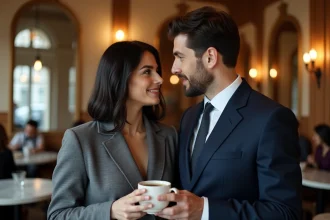 Couple élégant dans un café parisien, illustrant la vie discrète d'un compagnon dans l'ombre d'une personnalité médiatique