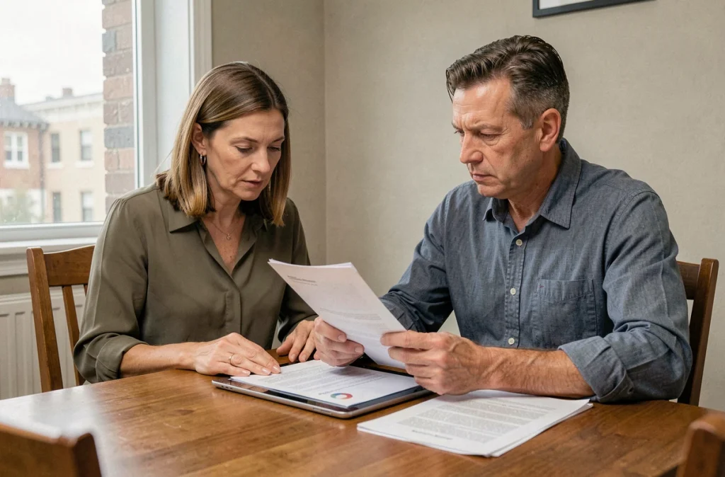 Couple en train d'examiner des documents relatifs au versement du RSA autour d'une table