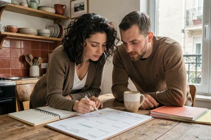 Couple français planifiant ensemble l'organisation familiale autour d'une table de cuisine avec un agenda partagé