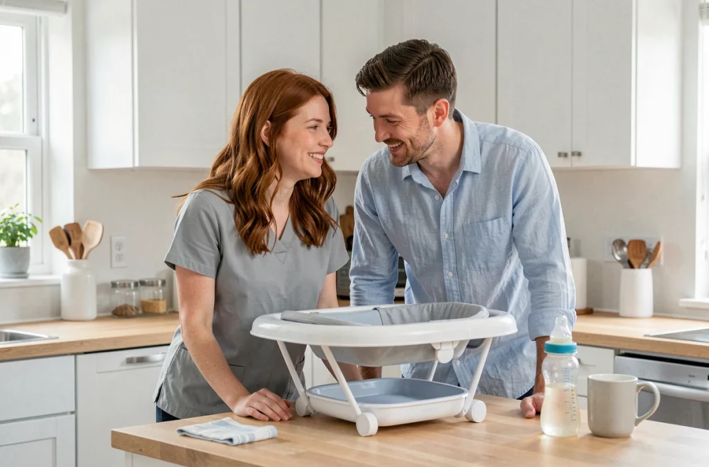 Couple de jeunes parents partageant les tâches parentales dans la cuisine familiale