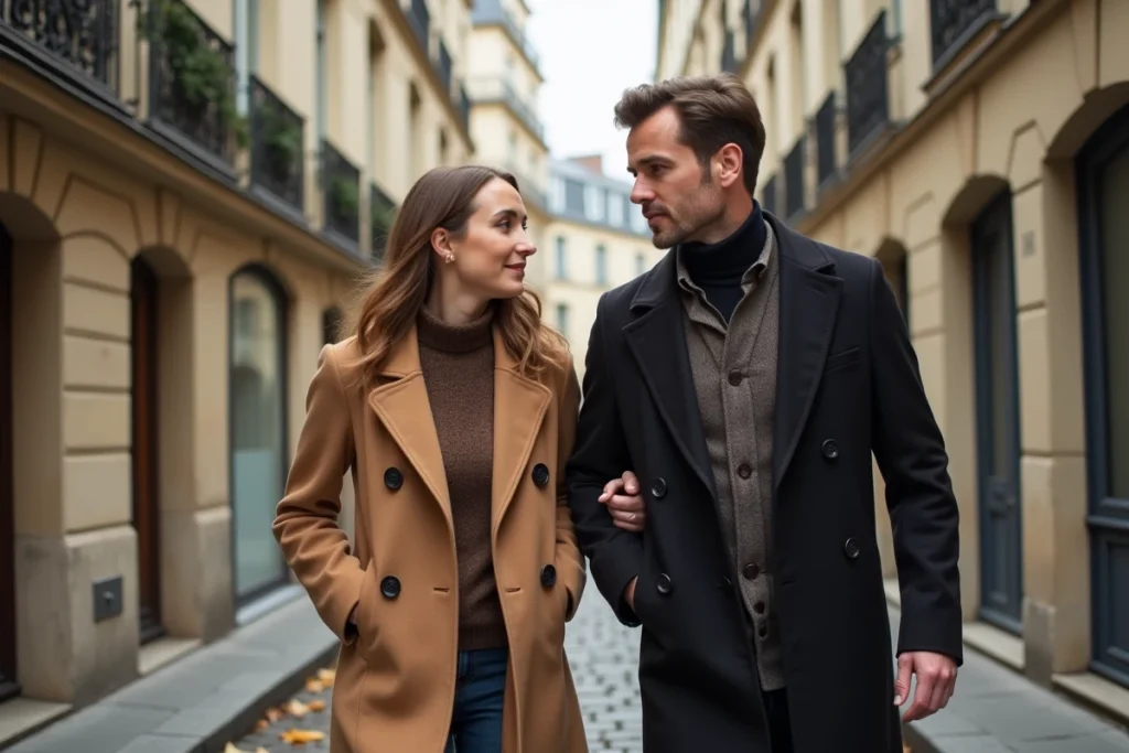 Couple se promenant dans une rue parisienne en automne, illustrant la vie privée et discrète d'un compagnon célèbre