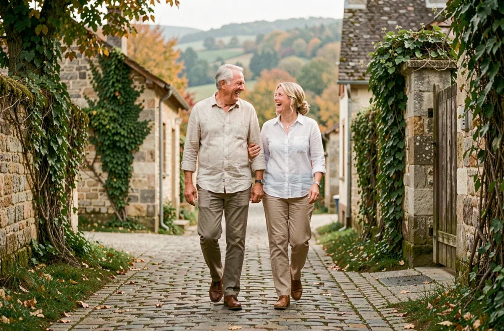 Couple élégant se promenant sur un chemin de village français en campagne, évoquant la vie privée et discrète loin des médias