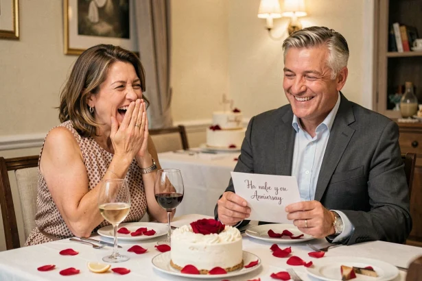 Couple d'âge mûr riant ensemble lors d'un dîner d'anniversaire de mariage avec une carte humoristique