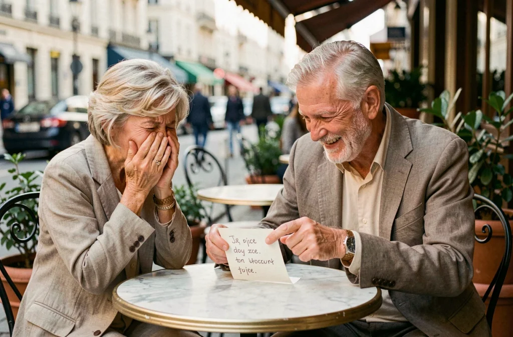 Couple de seniors riant d'une blague écrite sur une serviette dans un café parisien pour leur anniversaire