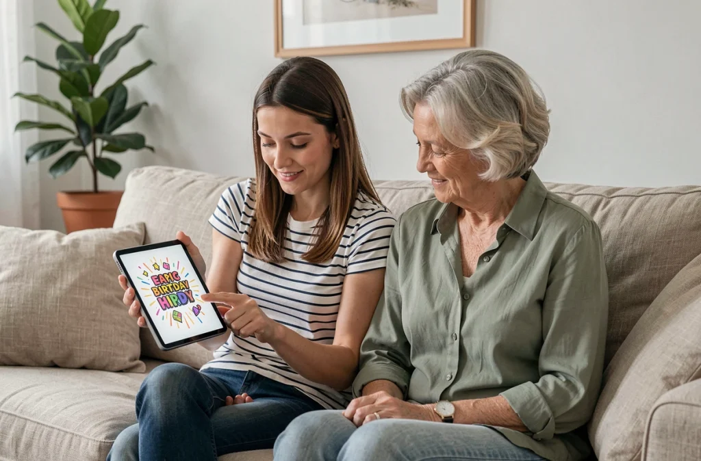 Deux femmes analysant les erreurs d'une carte d'anniversaire animée gratuite sur une tablette