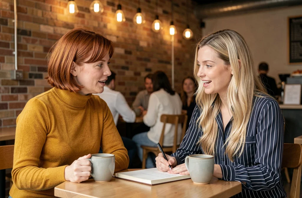 Deux femmes discutant de l'origine et de la signification du prénom Lisa dans un café