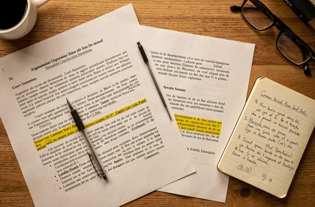 Documents juridiques et notes de préparation pour argumenter un refus de visite médiatisée devant le tribunal
