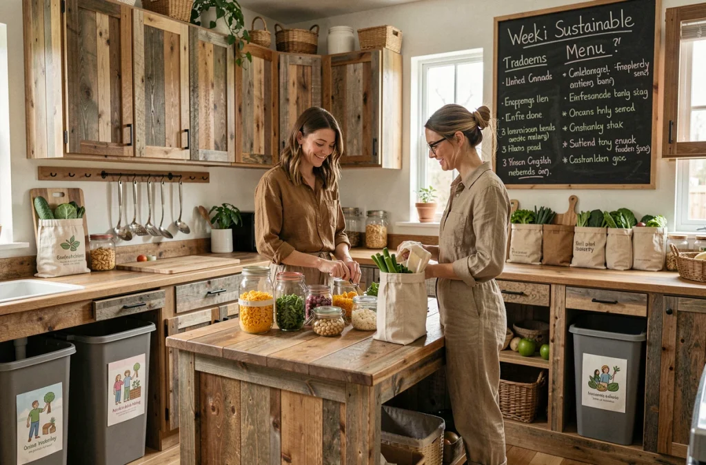 Éducatrices de crèche préparant des repas bio dans une cuisine zéro déchet avec contenants réutilisables en verre
