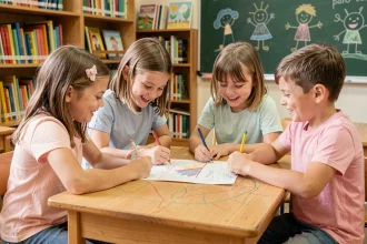 Groupe d'élèves du primaire rédigeant ensemble un message sur une carte cadeau pour leur maîtresse dans une salle de classe