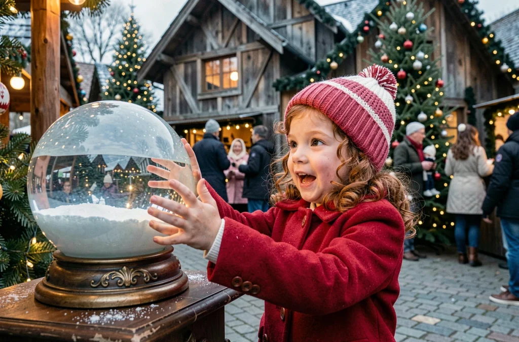 Petite fille émerveillée touchant une boule à neige décorative au marché de Noël de Toulouse
