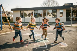Enfants de maternelle jouant dans la cour d'école pendant une semaine de quatre jours