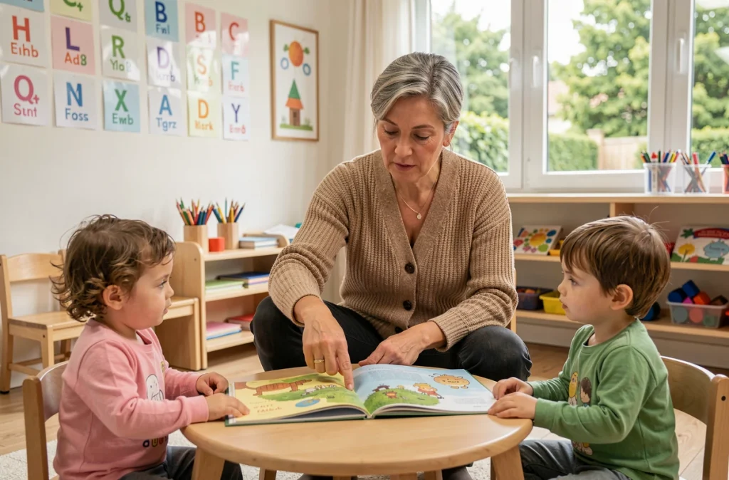 Enseignante de maternelle animant une activité pédagogique dans une classe lors de la semaine de quatre jours