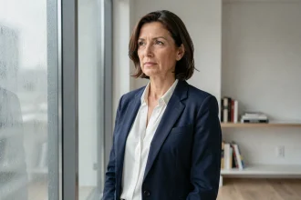 Femme élégante et discrète près d'une fenêtre dans un appartement moderne, portrait illustrant la vie privée d'une épouse de célébrité