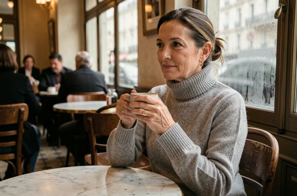 Femme élégante et réservée attablée dans un café parisien, portrait intimiste évoquant la discrétion d'une épouse de star loin des médias