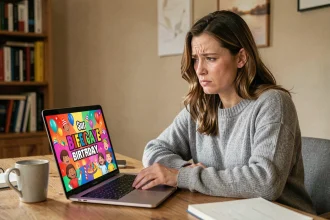 Femme frustrée devant une carte d'anniversaire animée mal conçue sur son ordinateur portable