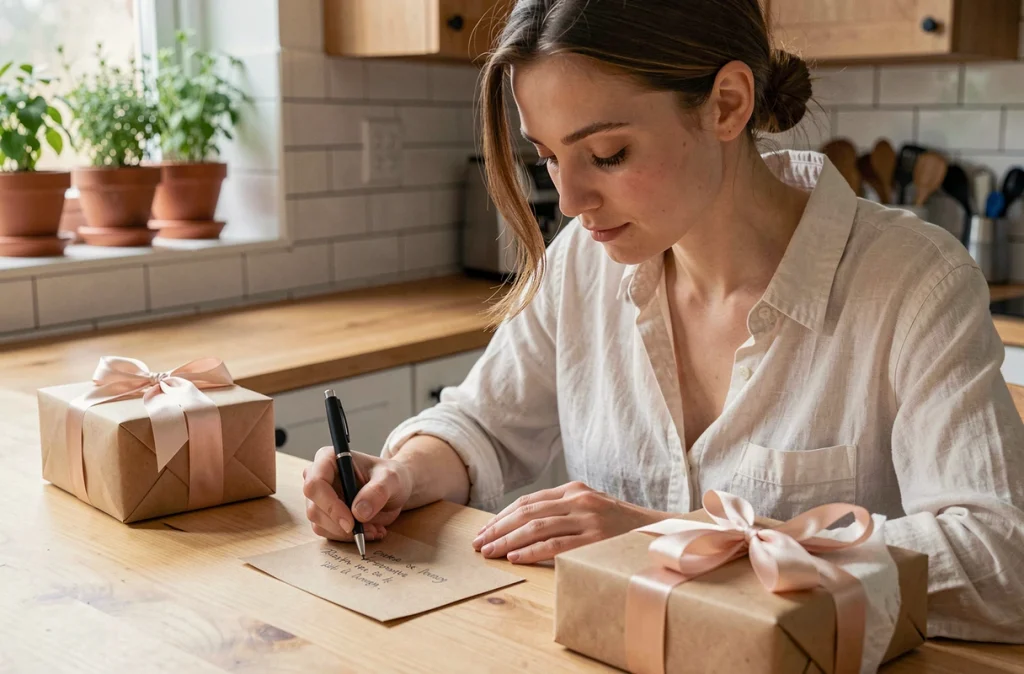 Femme écrivant un message personnalisé sur une carte accompagnant un cadeau collectif pour une enseignante