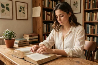 Jeune femme consultant un livre sur l'origine et la signification du prénom Lisa dans un bureau cosy