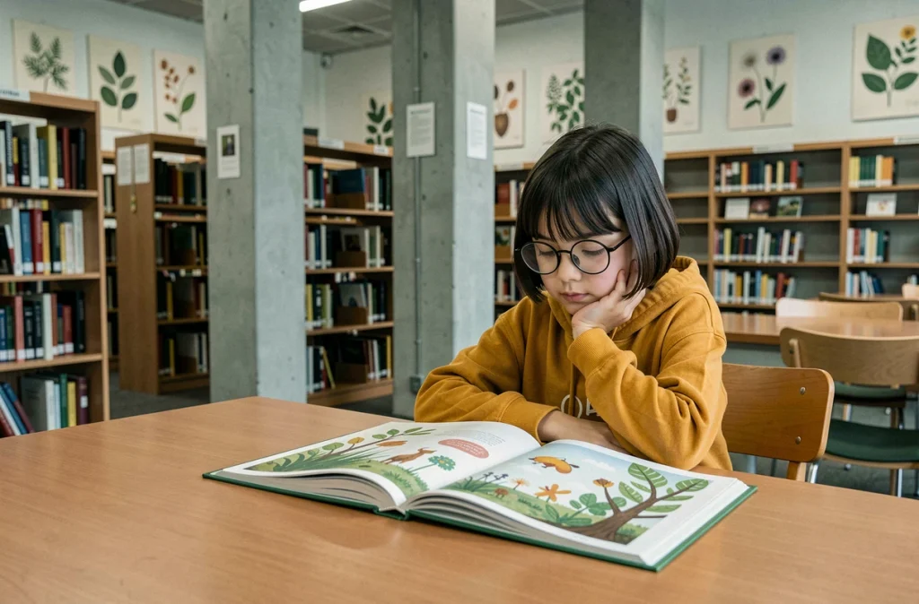 Une jeune fille avec des lunettes lit seule un livre illustré sur l'écologie dans une bibliothèque publique moderne