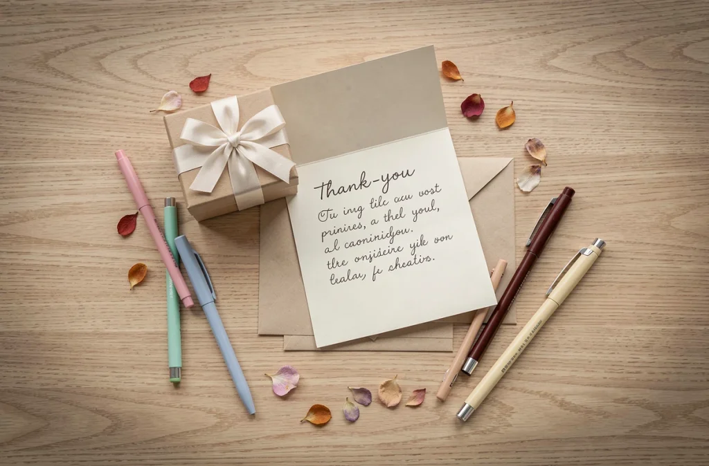 Vue aérienne d'une carte manuscrite et d'un cadeau emballé avec soin, symbolisant un message collectif pour une maîtresse