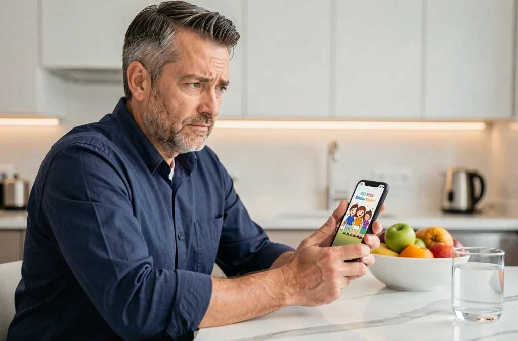 Homme sceptique regardant une carte d'anniversaire animée de mauvaise qualité sur son smartphone