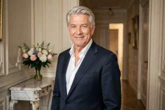 Portrait d'un homme distingué aux cheveux argentés dans un appartement haussmannien parisien, illustrant la vie privée d'un personnage public