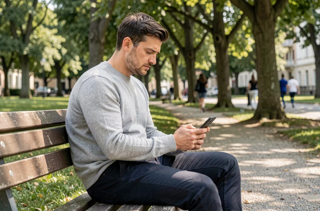 Homme pensif assis seul sur un banc de parc urbain, regard absorbé sur son téléphone dans une atmosphère calme et naturelle