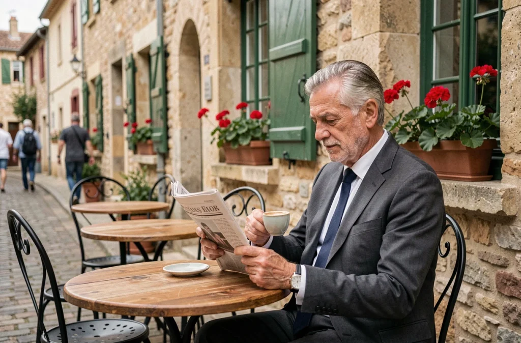 Homme élégant lisant un journal en terrasse de café dans une ville de province française, image symbolisant la discrétion de la vie privée