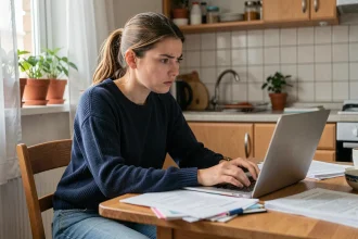Jeune femme consultant ses droits au RSA sur un ordinateur portable dans une cuisine modeste
