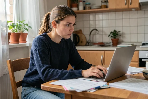 Jeune femme consultant ses droits au RSA sur un ordinateur portable dans une cuisine modeste