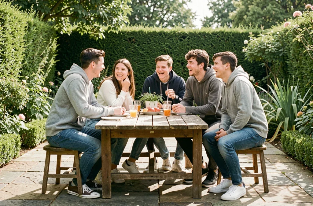 Groupe de jeunes adultes souriants réunis autour d'une table en bois dans un jardin verdoyant, ambiance familiale et décontractée en extérieur