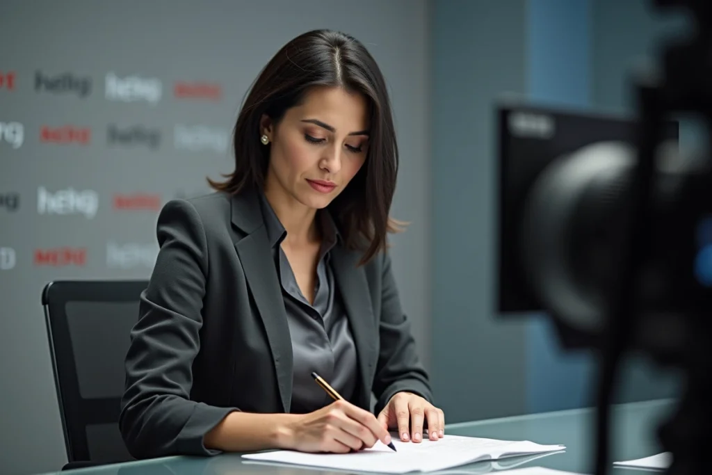 Journaliste femme dans les coulisses d'un studio de télévision, évoquant le profil médiatique de Charlotte d'Ornellas