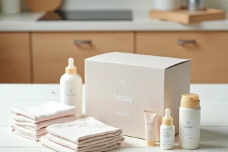 Kit échantillon gratuit bébé avec couches miniatures, soins et biberons disposés en flat lay sur une surface blanche