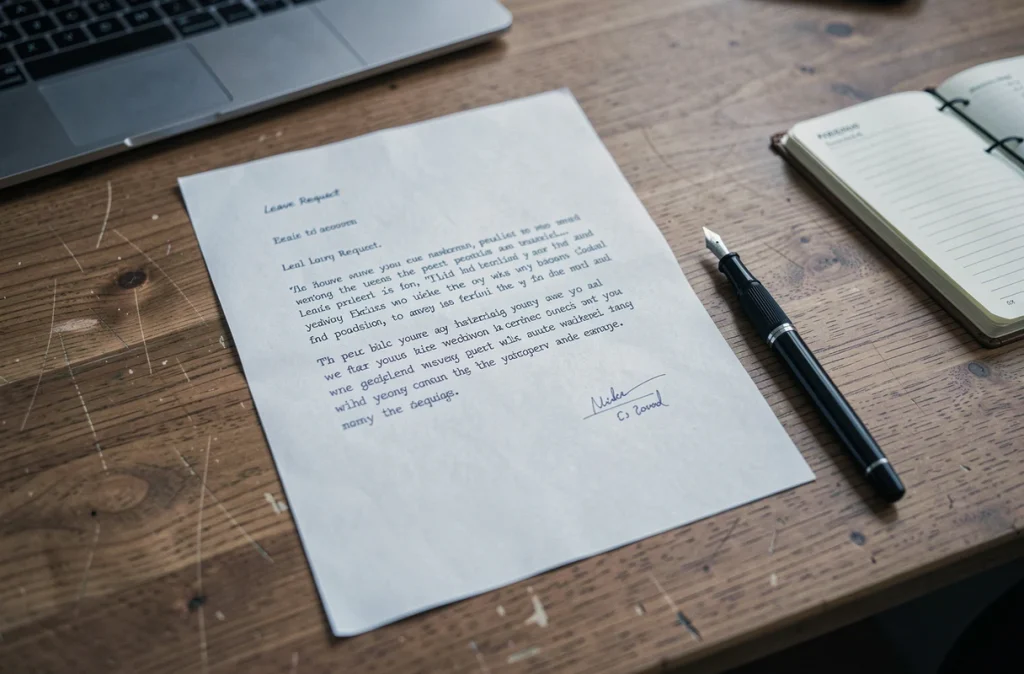Lettre de demande de congé pour enterrement posée sur un bureau en bois avec un stylo et un agenda professionnel